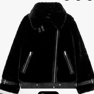 The Kooples Womens Black Faux Fur & Leather Aviator Jacket Fr Sz 3 US 8 NWT